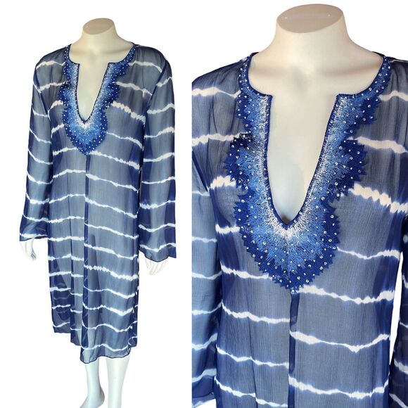 Bcbgmaxazria Blue Sheer Silk Tye Dye Swim Cover Up Medium - Picture 1 of 12